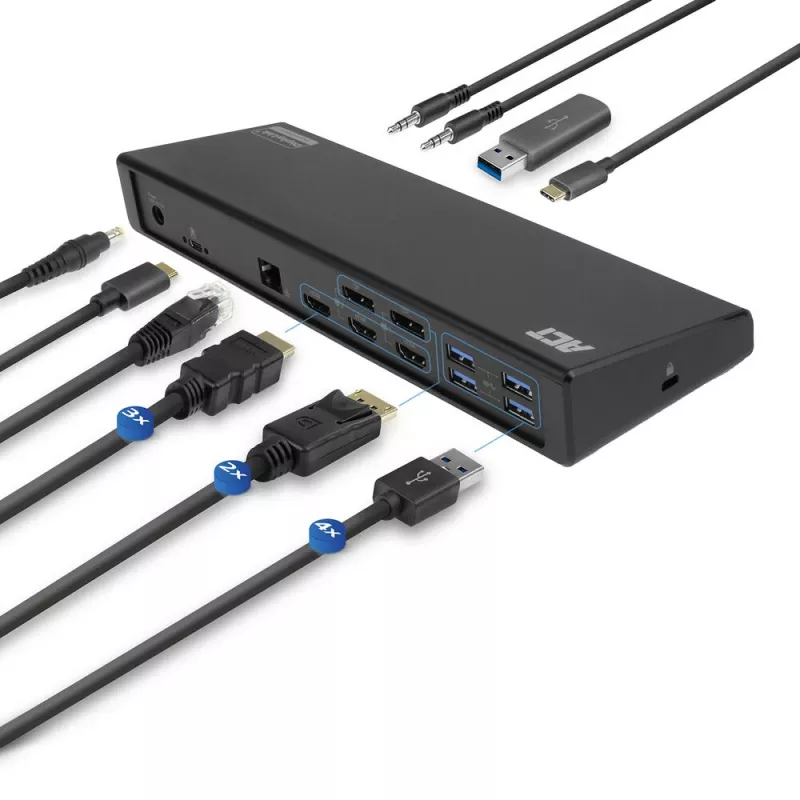 ACT USB-C dockingstation 4K, voor 2 of 3 HDMI/DisplayPort-monitoren, DisplayLink