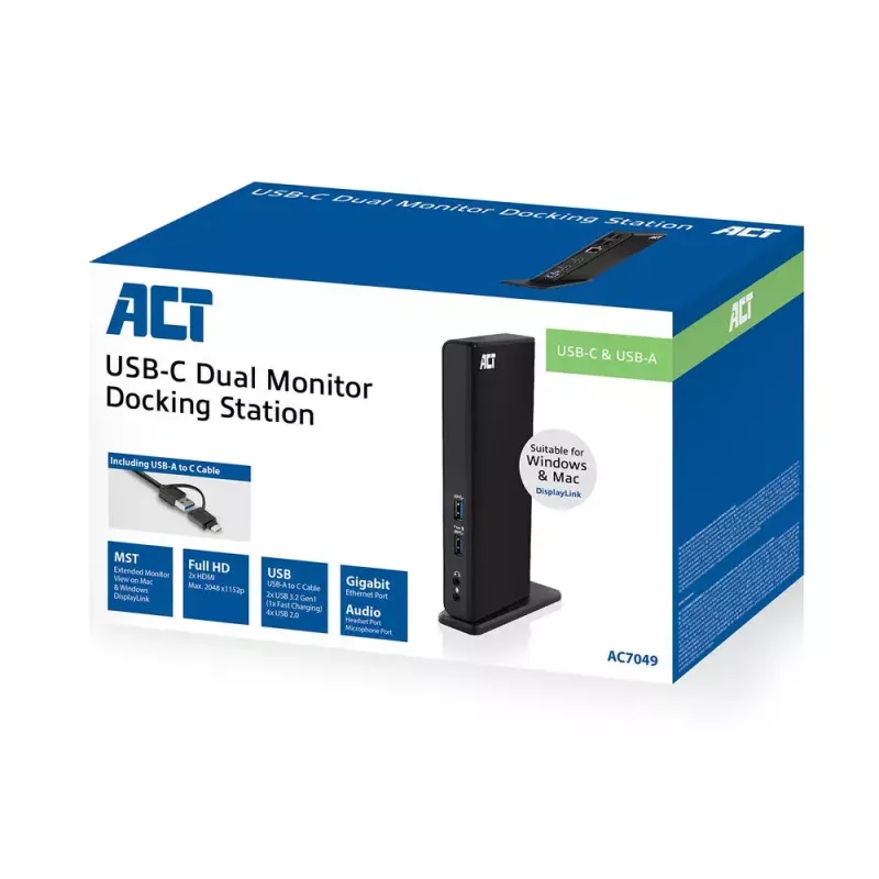 ACT universeel USB-C of USB-A dockingstation, voor 2 HDMI-monitoren, DisplayLink