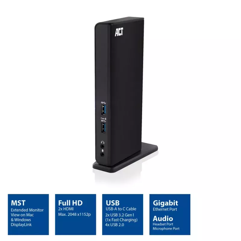 ACT universeel USB-C of USB-A dockingstation, voor 2 HDMI-monitoren, DisplayLink