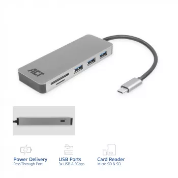 ACT USB-C-hub 3.0, 3x USB-A, kaartlezer, PD-doorgifte