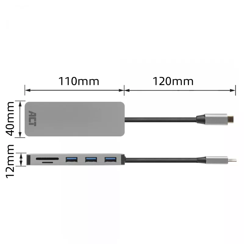 ACT USB-C-hub 3.0, 3x USB-A, kaartlezer, PD-doorgifte