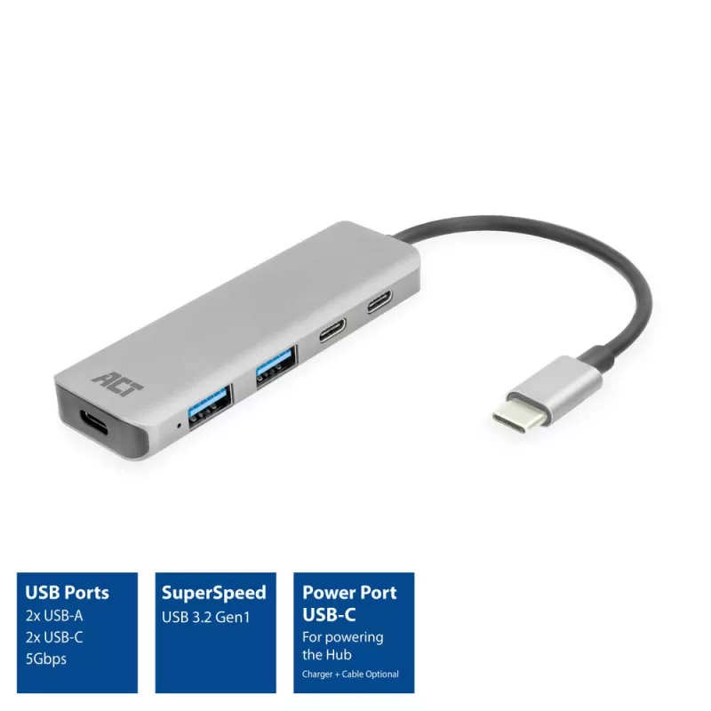 ACT AC7072 USB 3.2 Gen 1 Type-C-hub 5000 Mbit/s zwart grijs