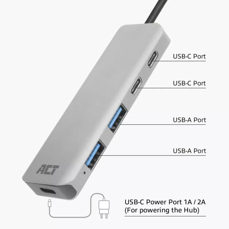 ACT AC7072 USB 3.2 Gen 1 Type-C-hub 5000 Mbit/s zwart grijs