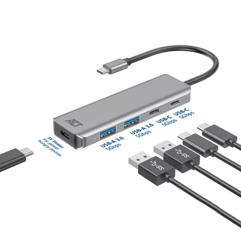 ACT AC7072 USB 3.2 Gen 1 Type-C-hub 5000 Mbit/s zwart grijs