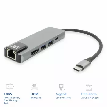 ACT USB-C 4K dockingstation voor 1 HDMI-monitor, Ethernet, USB-A, PD-doorgifte