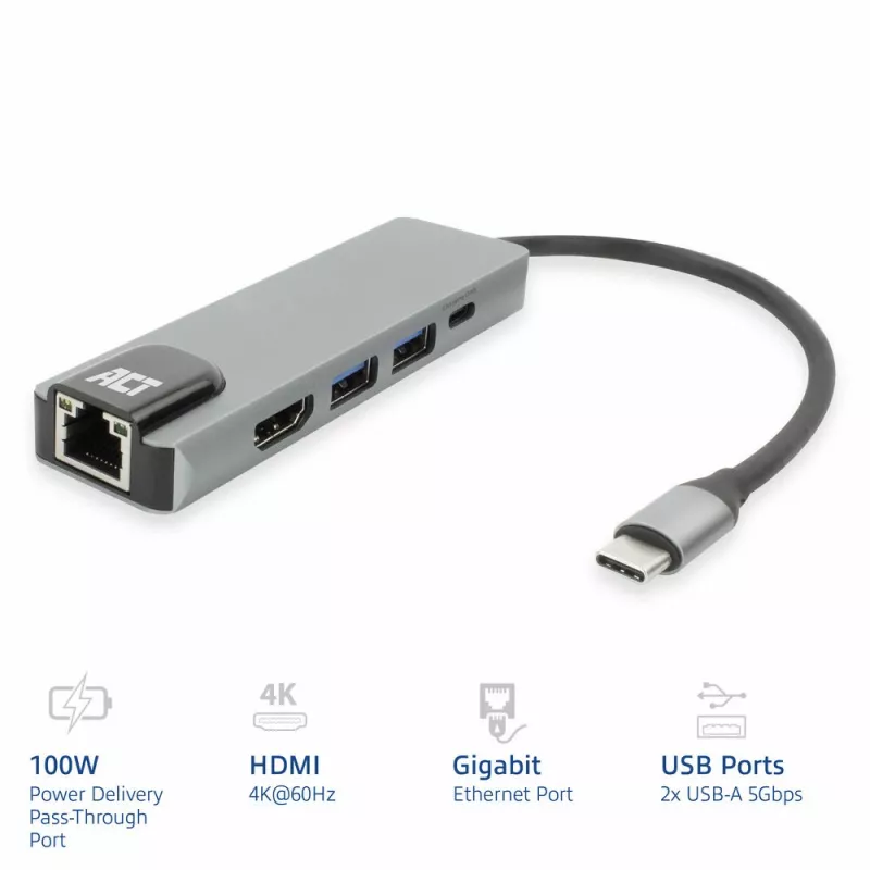ACT USB-C 4K dockingstation voor 1 HDMI-monitor, Ethernet, USB-A, PD-doorgifte