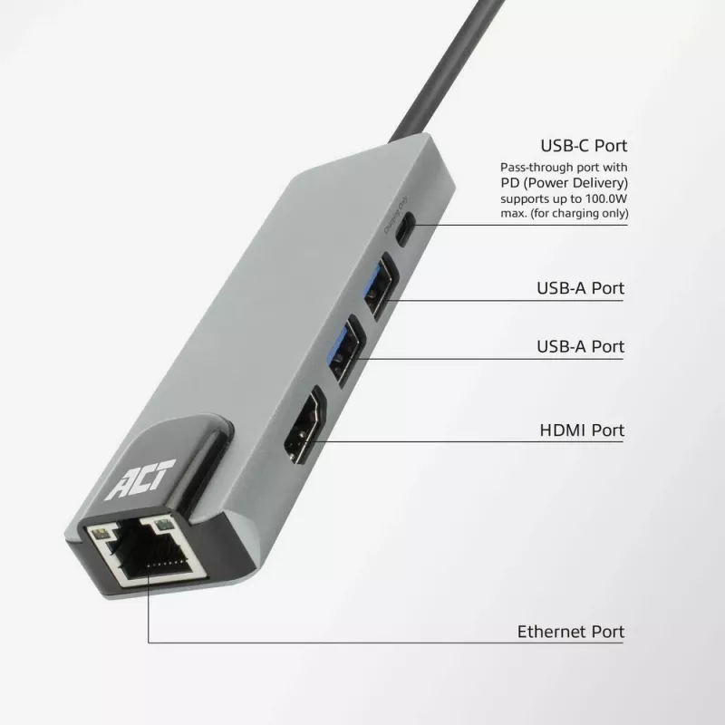 ACT USB-C 4K dockingstation voor 1 HDMI-monitor, Ethernet, USB-A, PD-doorgifte