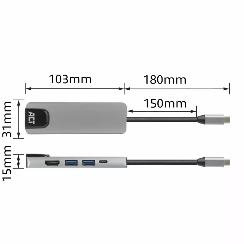 ACT USB-C 4K dockingstation voor 1 HDMI-monitor, Ethernet, USB-A, PD-doorgifte