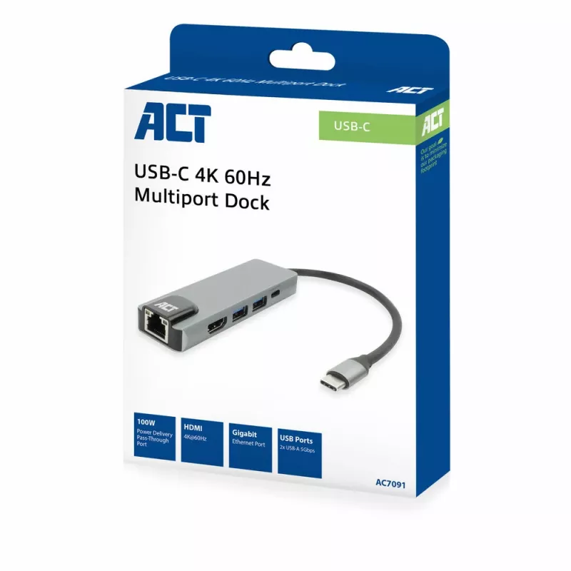 ACT USB-C 4K dockingstation voor 1 HDMI-monitor, Ethernet, USB-A, PD-doorgifte