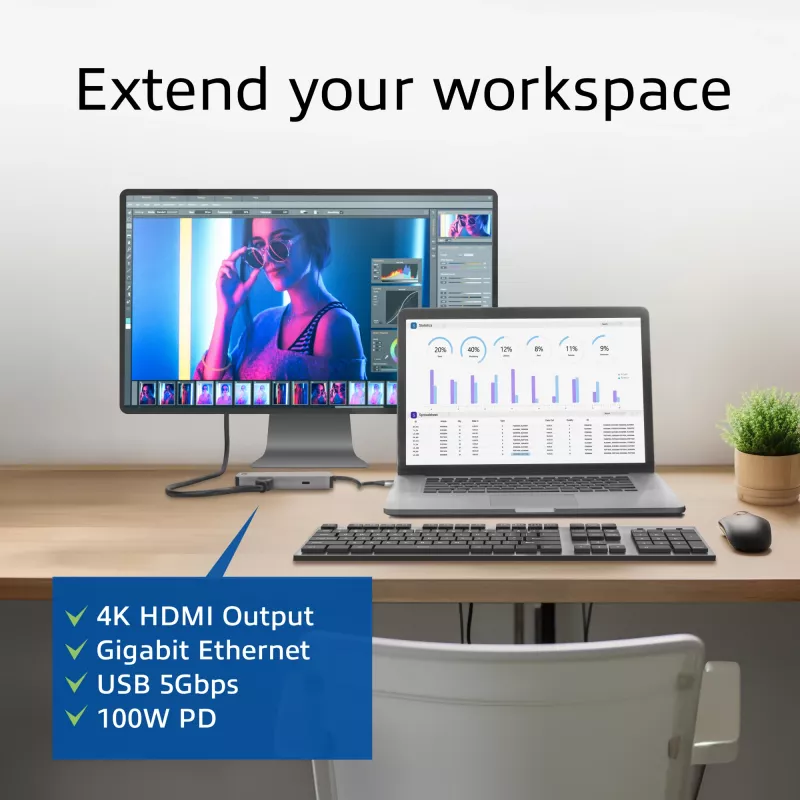 ACT USB-C 4K dockingstation voor 1 HDMI-monitor, Ethernet, USB-C, USB-A, kaartlezer en PD-doorgifte
