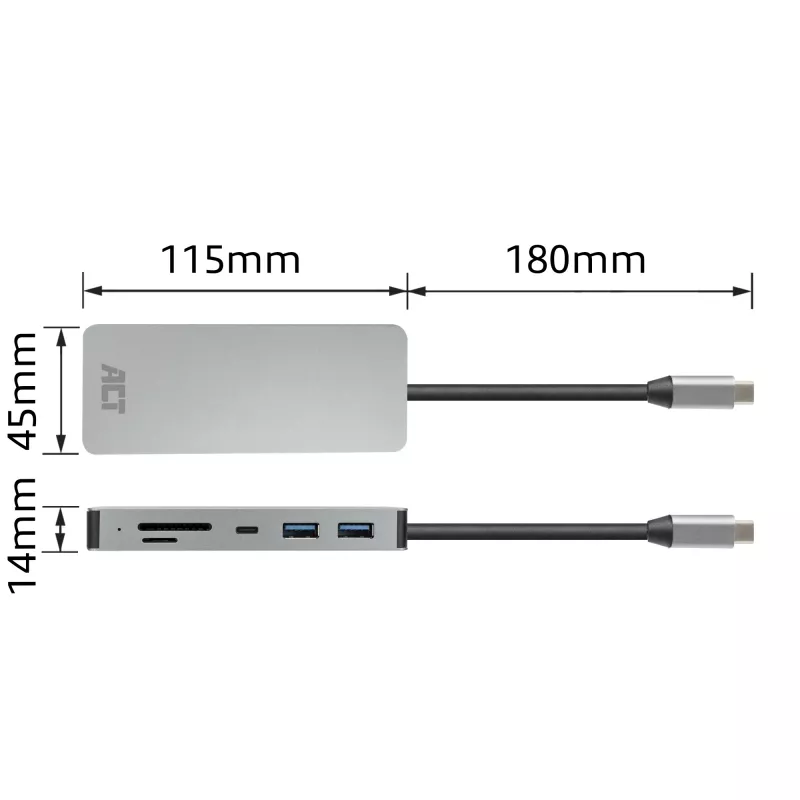 ACT USB-C 4K dockingstation voor 1 HDMI-monitor, Ethernet, USB-C, USB-A, kaartlezer en PD-doorgifte