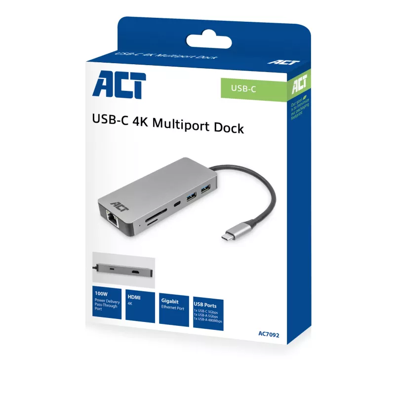 ACT USB-C 4K dockingstation voor 1 HDMI-monitor, Ethernet, USB-C, USB-A, kaartlezer en PD-doorgifte