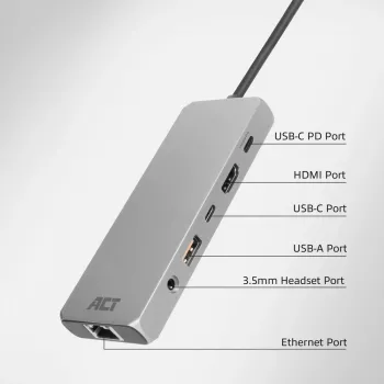 ACT USB-C 4K / 8K 30Hz dockingstation voor 1 HDMI-monitor, 2,5 Gigabit Ethernet, USB-C 10Gbps, USB-A 10Gbps, 3,5mm audio, PD-doorgifte