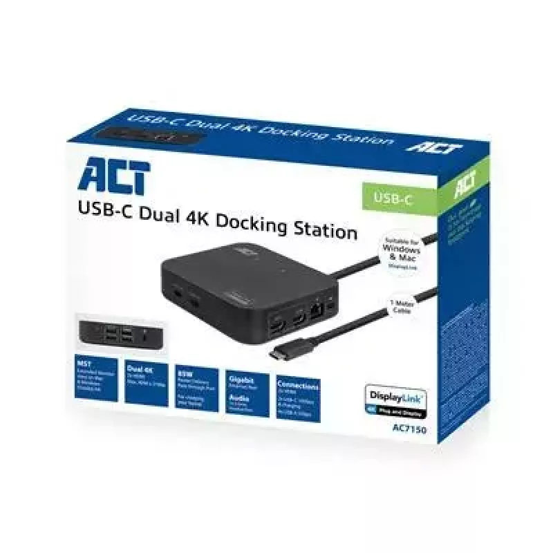 ACT universeel USB-C dockingstation 4K, voor 2 HDMI/DisplayPort-monitoren, DisplayLink, compact ontwerp