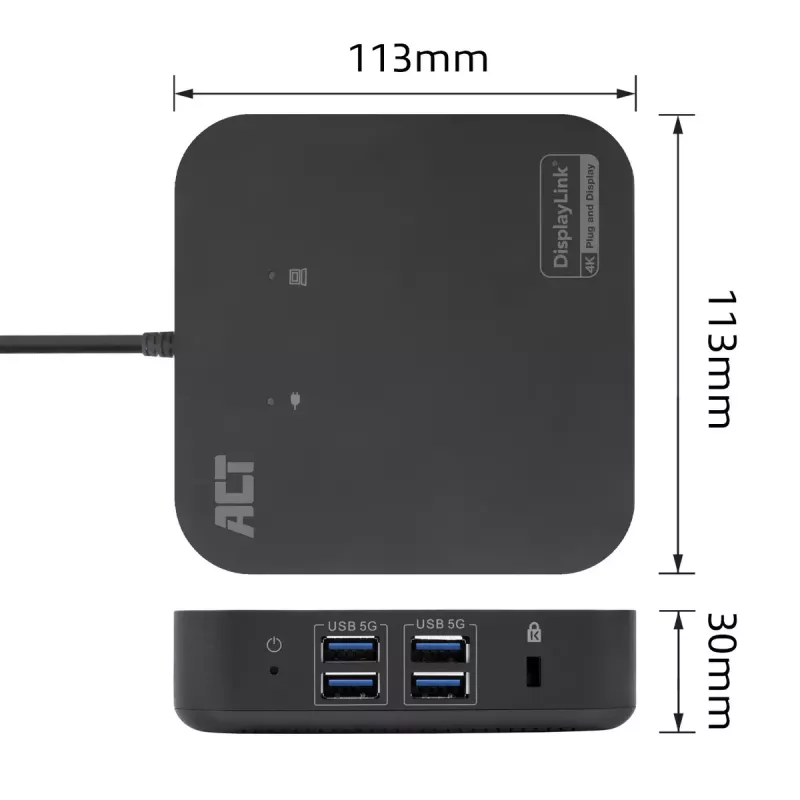 ACT universeel USB-C dockingstation 4K, voor 2 HDMI/DisplayPort-monitoren, DisplayLink, compact ontwerp
