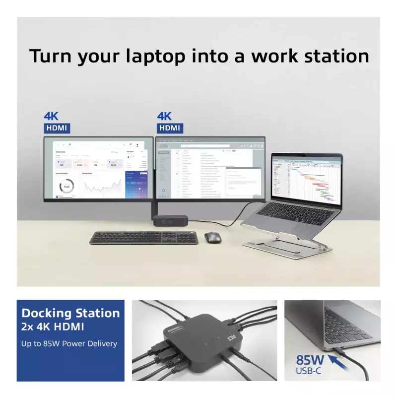 ACT universeel USB-C dockingstation 4K, voor 2 HDMI/DisplayPort-monitoren, DisplayLink, compact ontwerp