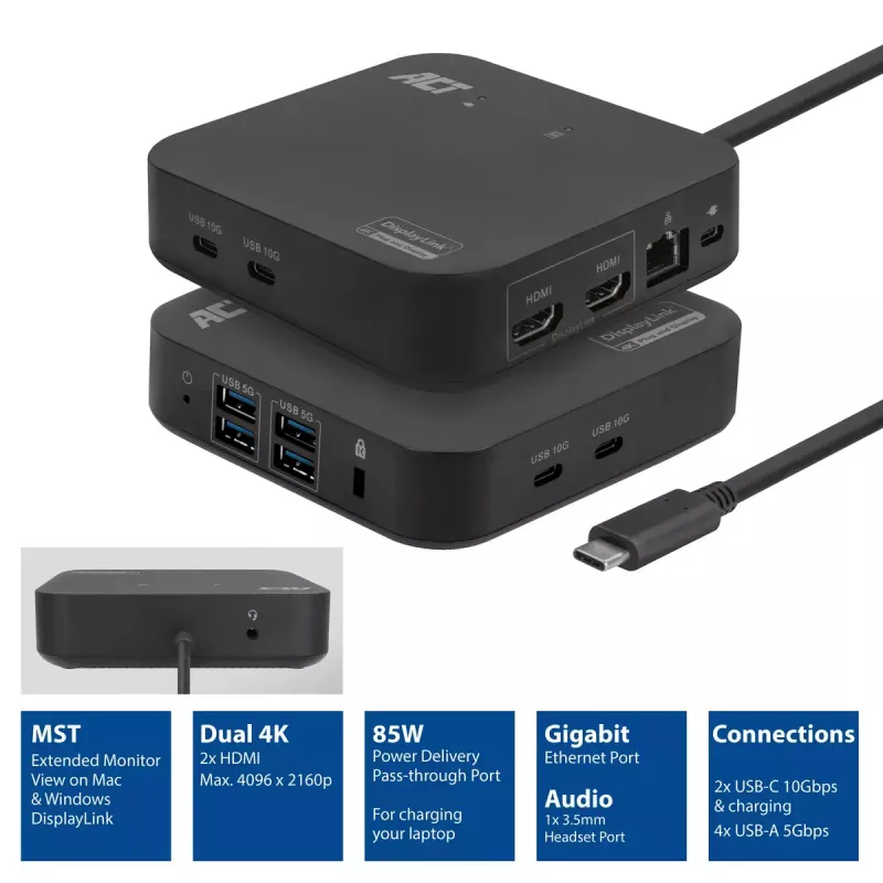 ACT universeel USB-C dockingstation 4K, voor 2 HDMI/DisplayPort-monitoren, DisplayLink, compact ontwerp