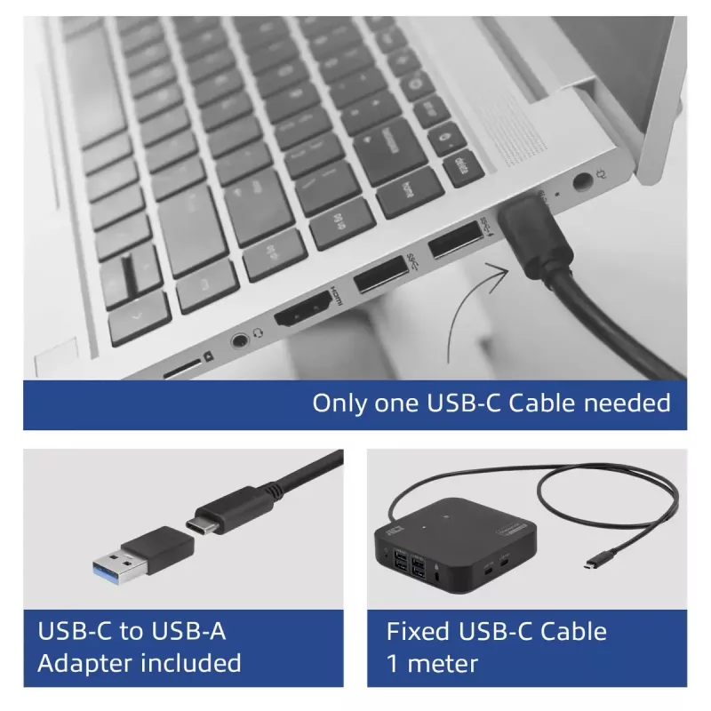 ACT universeel USB-C dockingstation 4K, voor 2 HDMI/DisplayPort-monitoren, DisplayLink, compact ontwerp