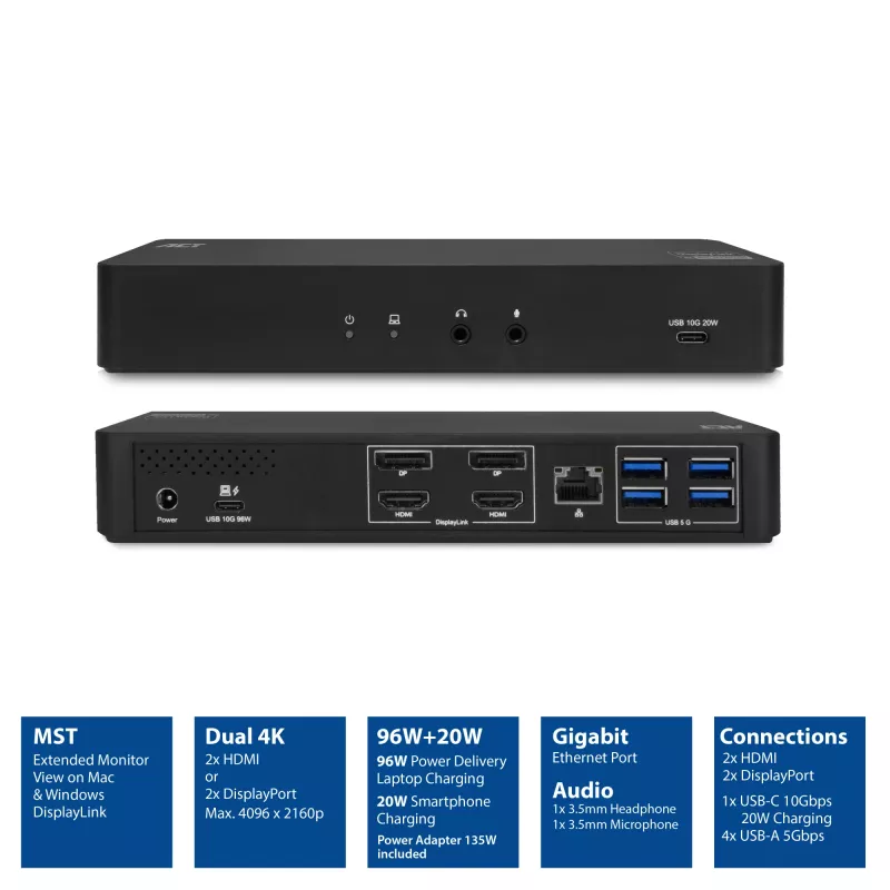 ACT USB-C dockingstation 4K, voor 2 HDMI- of DisplayPort-monitoren, DisplayLink