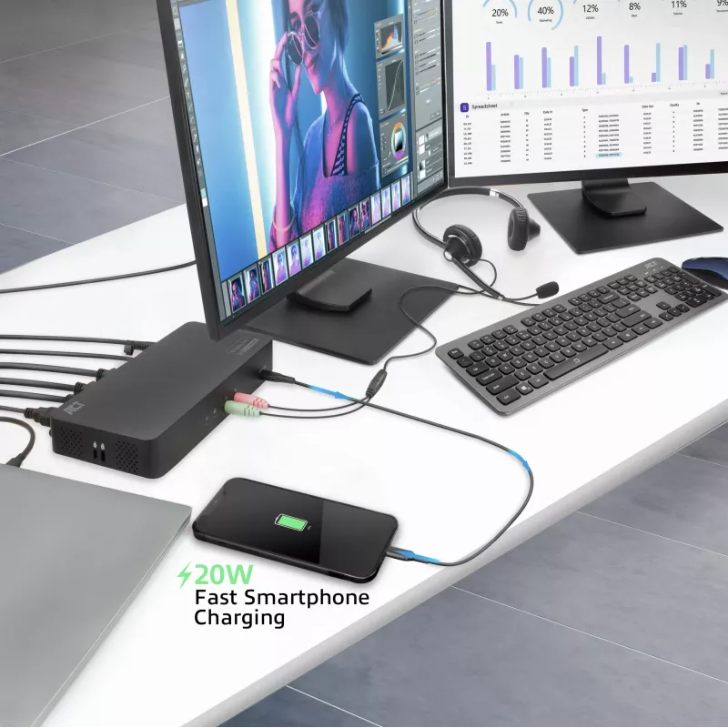 ACT USB-C dockingstation 4K, voor 2 HDMI- of DisplayPort-monitoren, DisplayLink