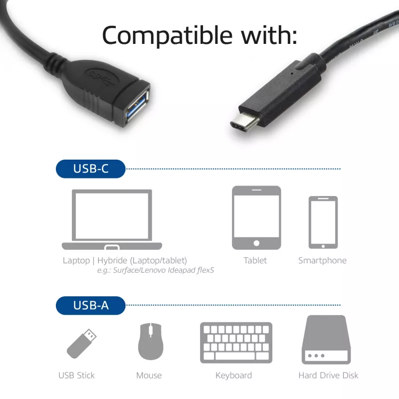 ACT USB 3.0-kabel OTG USB-C-stekker naar USB-A-bus 0,2 m 5 Gbit/s