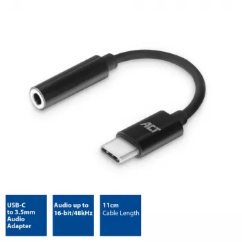 Audiokabel ACT AC7380 0,11 m 3,5 mm bus USB Type-C stekker zwart