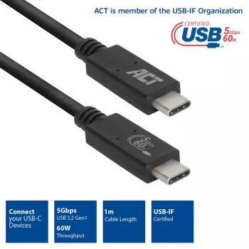 ACT USB 3.0-kabel USB-C USB-IF gecertificeerd 1 meter 5 Gbit/s