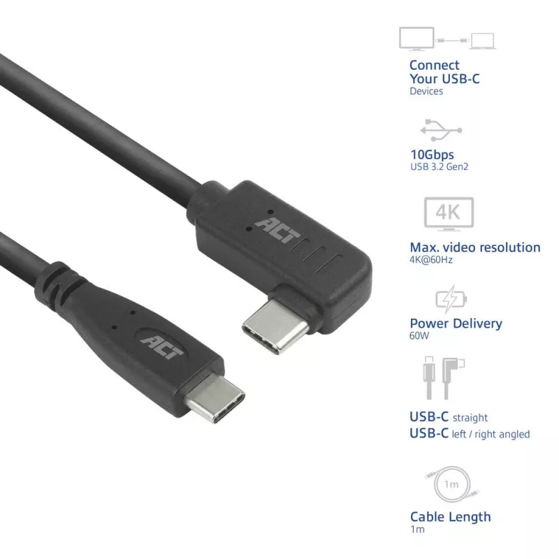 ACT USB 3.0-haakse kabel USB-C 1 meter 5 Gbit/s zwart