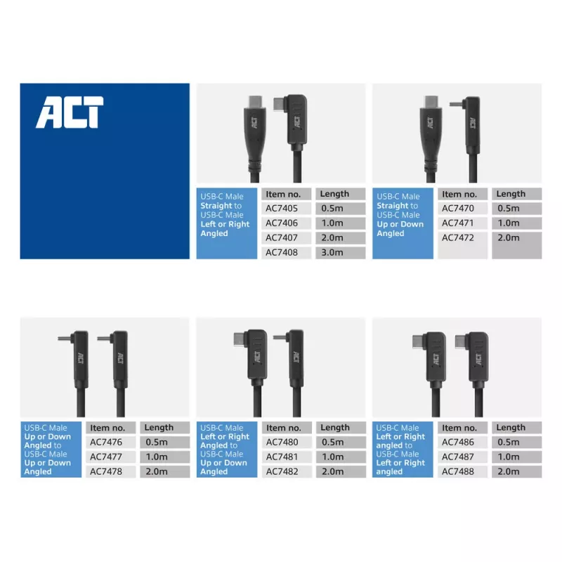 ACT USB 3.0-haakse kabel USB-C 1 meter 5 Gbit/s zwart