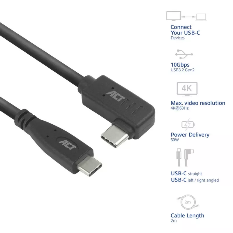 ACT USB 3.0-haakse kabel USB-C 2 meter 5 Gbit/s zwart