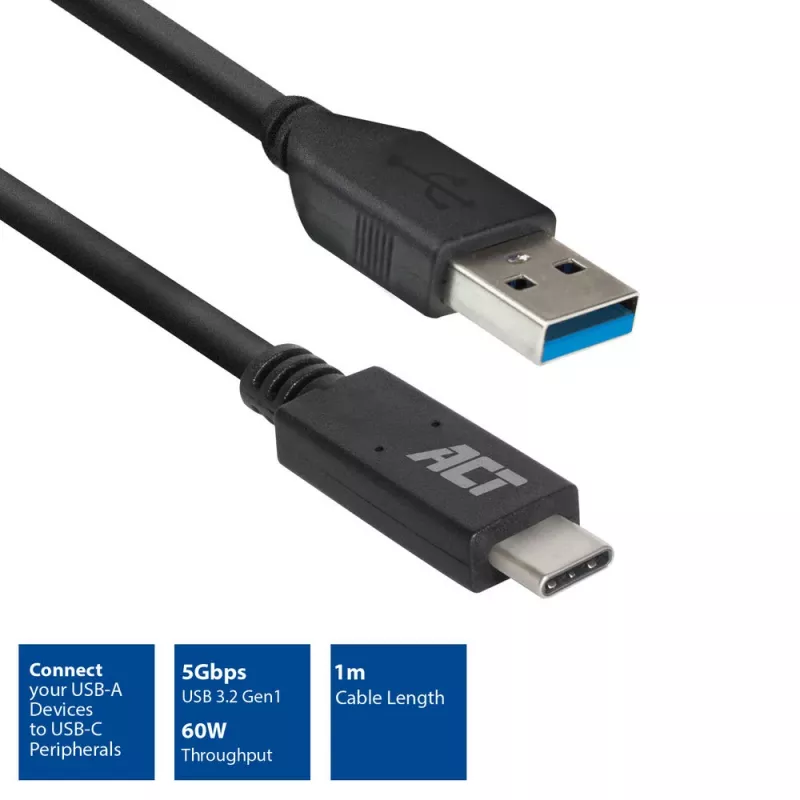 ACT USB 3.0-kabel USB-A naar USB-C 1 meter 5 Gbit/s zwart