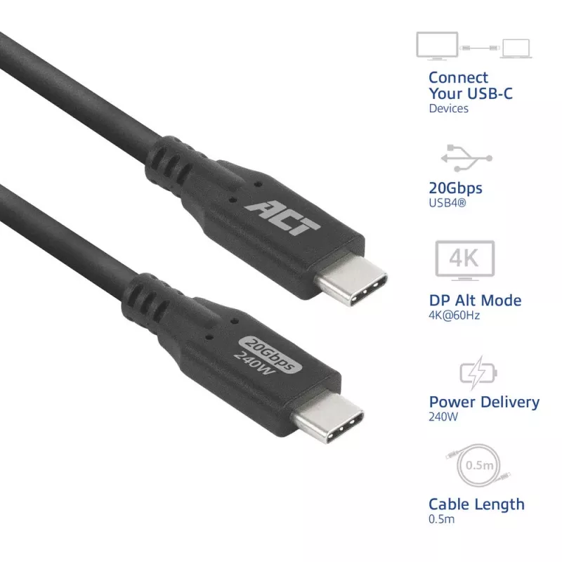 ACT USB4 20Gbps 240W USB Type-C-kabel 0,5m zwart