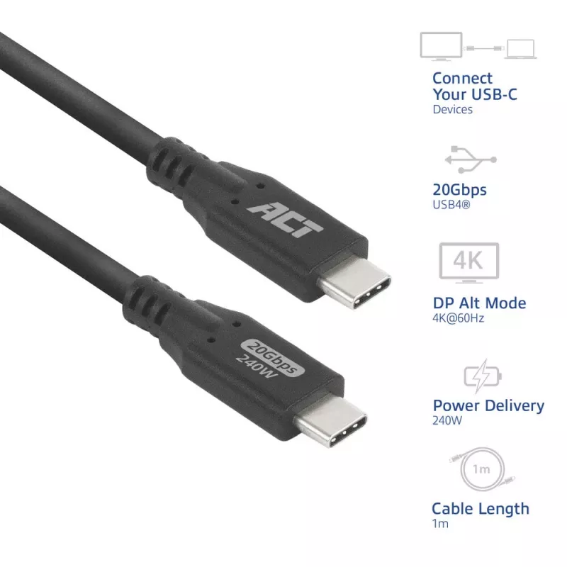 ACT USB4 20Gbps 240W USB Type-C-kabel 1 meter zwart