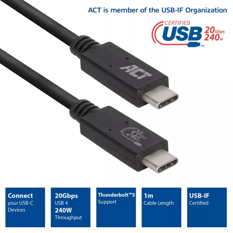 ACT USB4® 20Gbps-kabel, USB-C, USB-IF-gecertificeerd, 1 meter