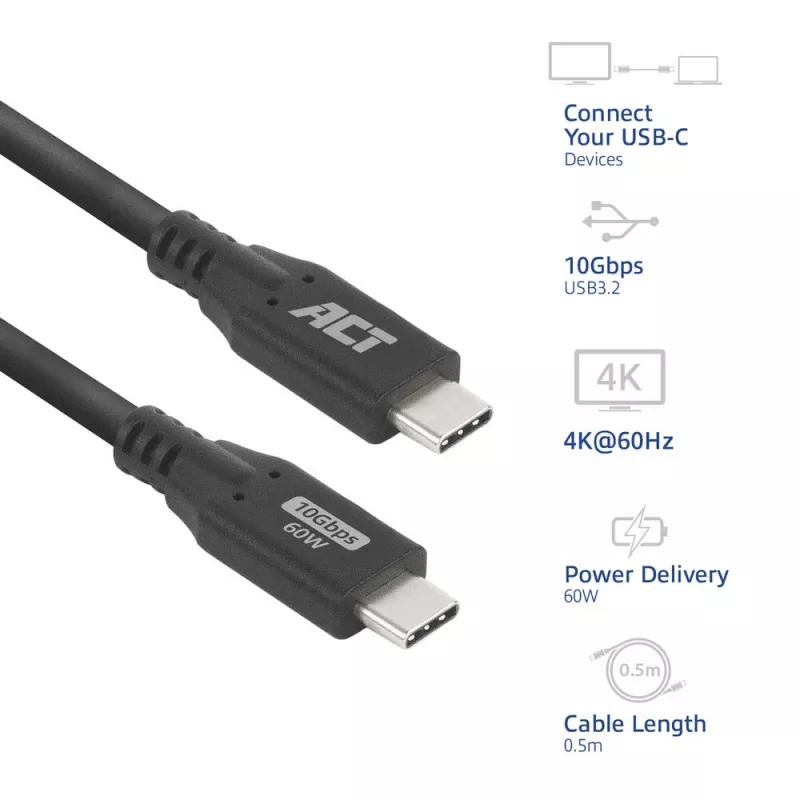 ACT USB 3.0 10Gbps 60W USB Type-C-kabel 0,5 m zwart