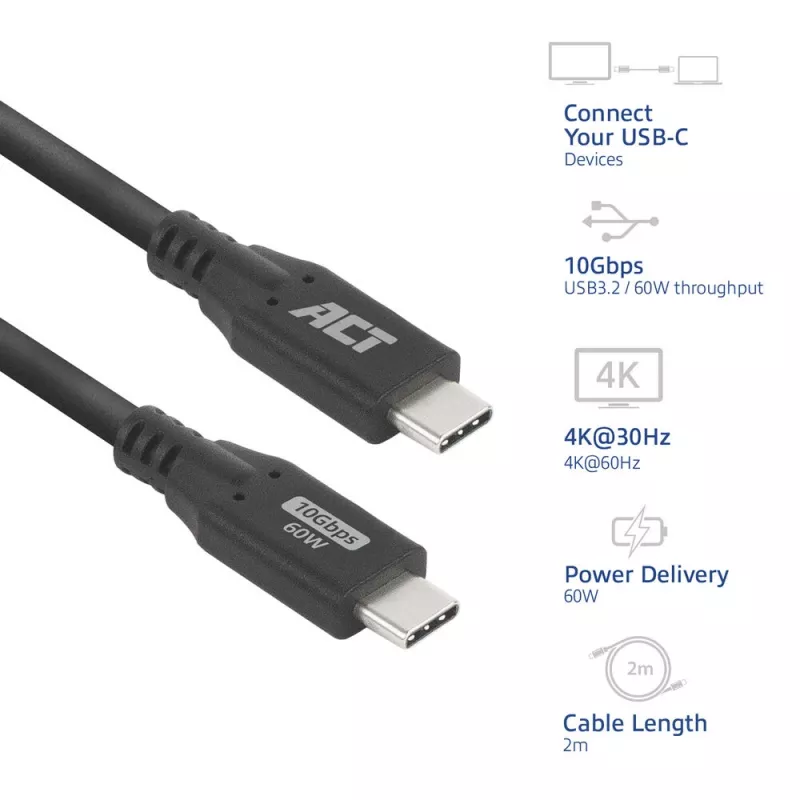 USB Type-C-kabel ACT AC7442 2m 10Gbps 60W zwart