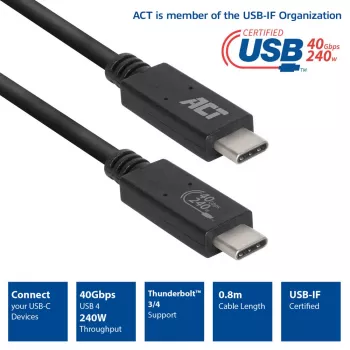 ACT USB4® 40Gbps 240W USB Type-C®-kabel, USB-IF gecertificeerd, 0,8 meter