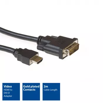 ACT 2 meter HDMI-naar-DVI-D-adapterkabel, HDMI-A-stekker – DVI-D-Single-Link-stekker 18+1