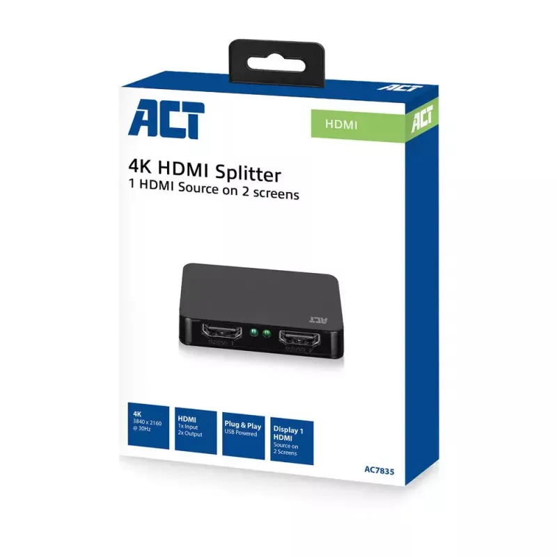ACT 4K HDMI 1.4-splitter 2 poorten 3840 x 2160 pixels zwart