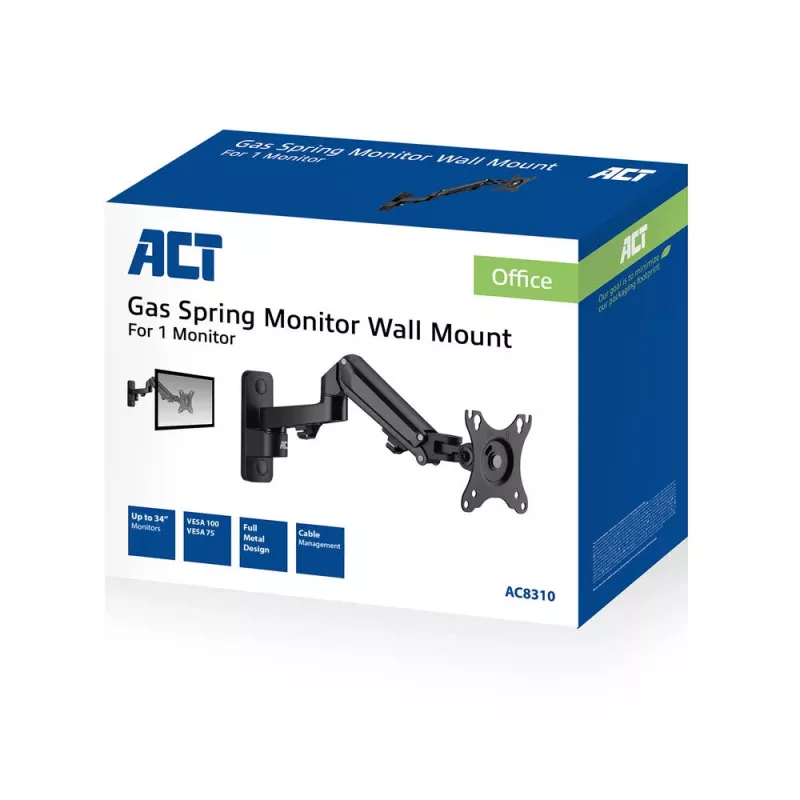 ACT monitorwandsteun met gasveer, 1 scherm, max. gewicht 7 kg