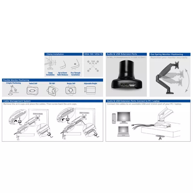 ACT gasveermonitorarm kantoor zwart AC8311 klem-/doorvoermontage 9 kg