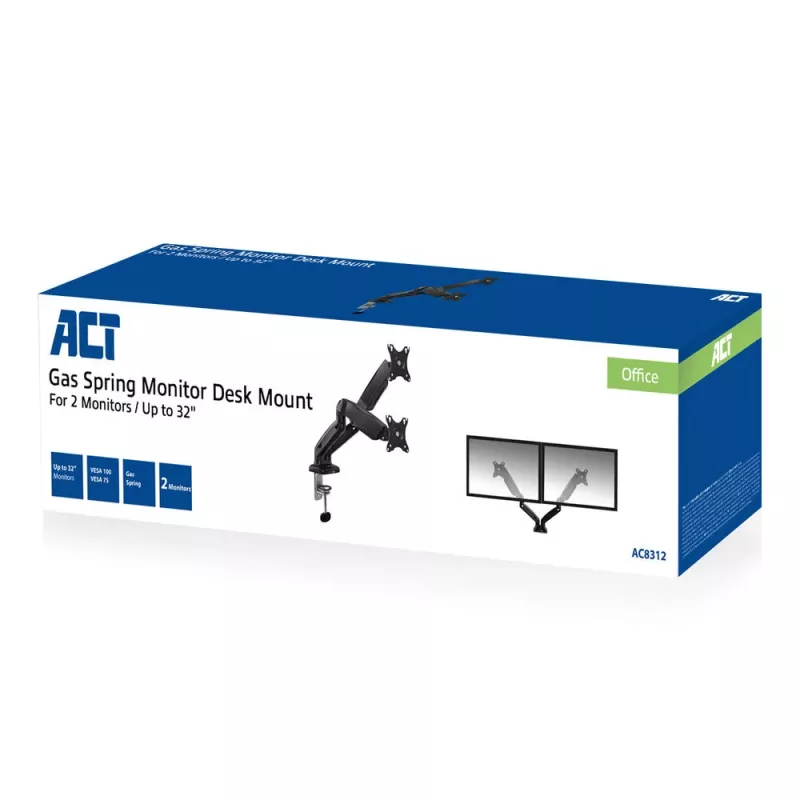 ACT gasveermonitorarm voor twee monitors kantoor klem-/doorvoermontage 18 kg