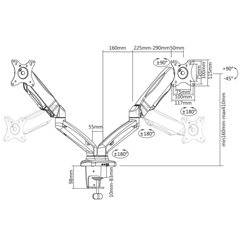 ACT gasveermonitorarm voor twee monitors kantoor klem-/doorvoermontage 18 kg
