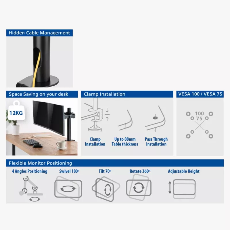 ACT dual-monitorarm Office Solid Pro – klem-/doorvoermontage – 12 kg – 10–32 inch