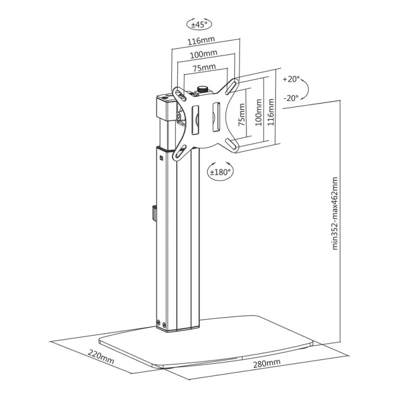ACT vrijstaande gasveermonitorarm voor kantoor, 7 kg draagvermogen, 10 tot 32 inch