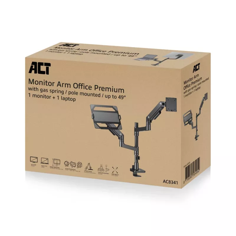 ACT AC8341 monitorarm voor één monitor met laptophouder Office Premium, gasveer, paalmontage