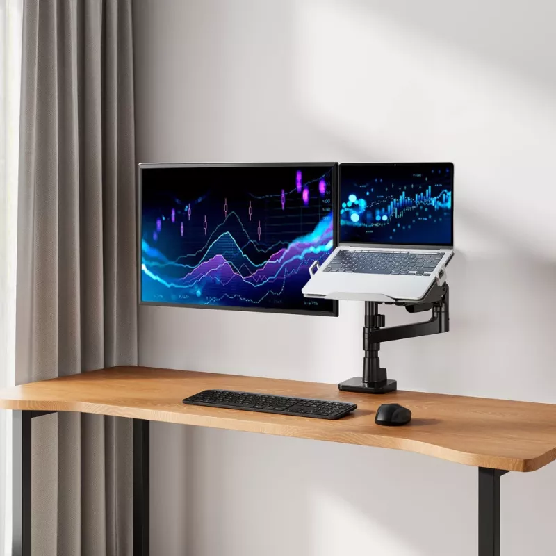 ACT AC8341 monitorarm voor één monitor met laptophouder Office Premium, gasveer, paalmontage