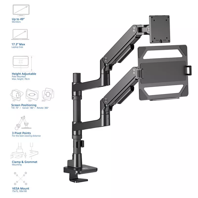 ACT AC8341 monitorarm voor één monitor met laptophouder Office Premium, gasveer, paalmontage