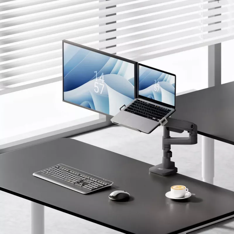 ACT AC8341 monitorarm voor één monitor met laptophouder Office Premium, gasveer, paalmontage