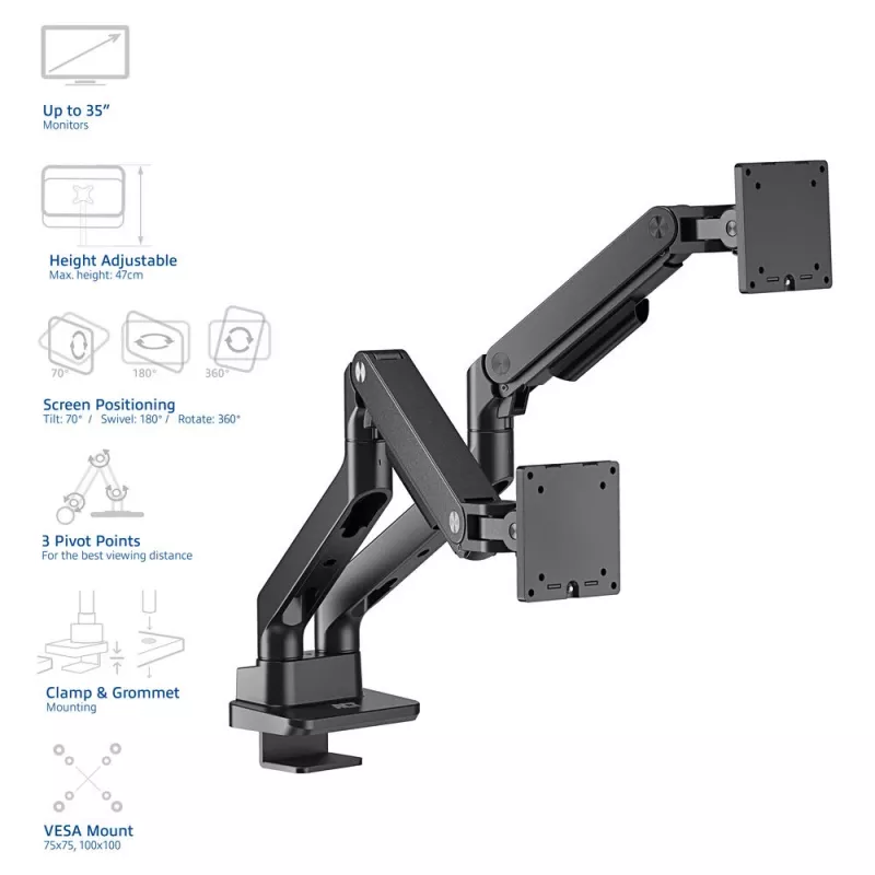 ACT AC8342 monitorarm voor twee monitoren Office Premium, gasveer, 2 monitoren